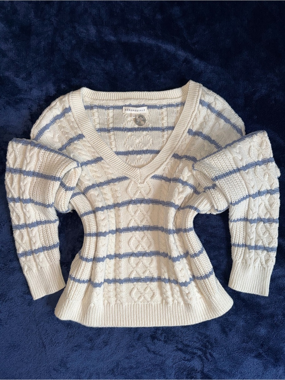 Aeropostale Cream Cable Knit V-Neck Sweater with Light Blue Stripes